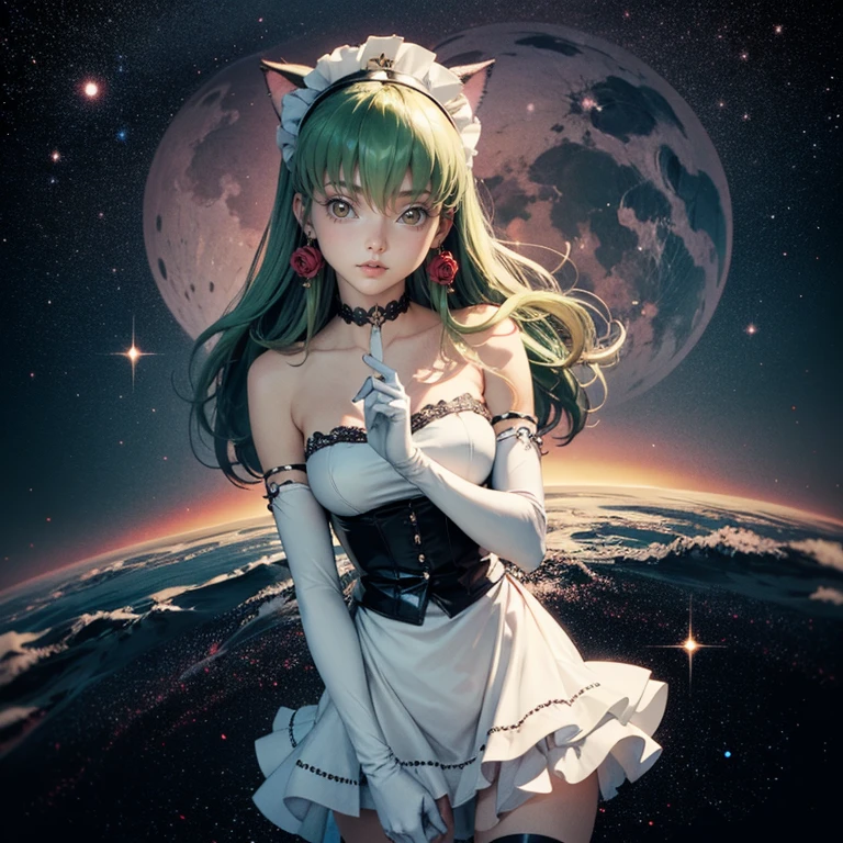 1girl, white maid dress, jewelry, green hair, long hair, flowing hair, maid dress with a short skirt and layers, white laces, white boots, white dress with transparency, gold details on her clothes, cat ears, animal ears, blue tie, more details, perfectly body, perfectly hands, two hands, two legs, two arms, five fingers, glowing hair, best quality, white gloves, two cat tail, white gloves, alone, maid headdress, choker, detached sleeves, maid dress, maid white dress, strapless, masterpeice, best quality, detailed face, night, asymmetrical gloves, bangs, white short skirt , white gloves, white boots, earrings, elbow gloves, fishnet thighhighs, fishmasterpeice, solo, best quality, detailed face, gloves, green eyes, green hair, hair between eyes, jewelry, long hair, looking at viewer, single earring, sky, sleeveless, solo, thigh boots, thighhighs, uneven gloves, solo, alone, Looking at the viewer, More details on the clothes, magenta roses on her hair, space scenery, maid, maid dress, magenta details, magenta roses, maid headdress, maid apron, wave hair, seat on the Saturn rings, bats details on her clothes, more details on her clothes, gold details on her clothes, space, smiling, standing her hand to a viewer, looking at the viewer, in the background a several asteroids glowing with fiery auras, Dramatic lighting from distant stars and planets illuminates the scene, looking at the vast and mysterious universe, cowboy shot, upper body portrait, more details, sparkle,