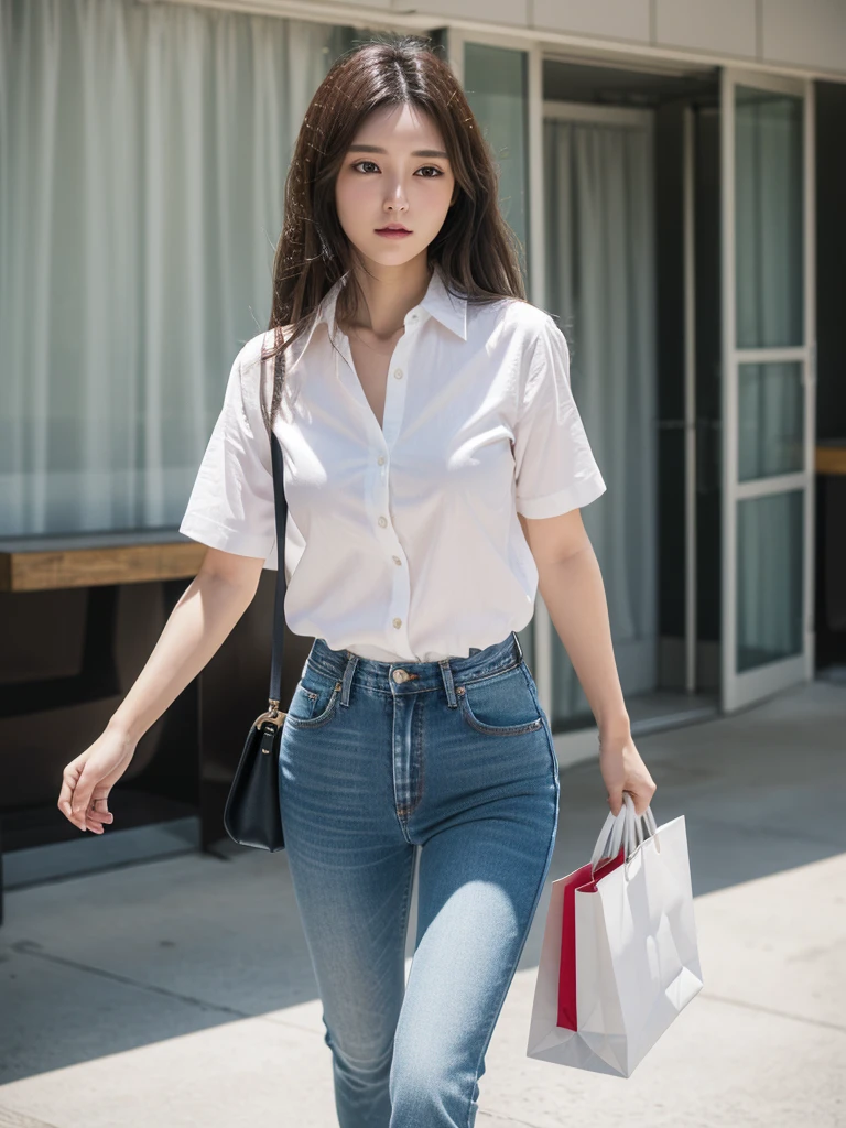 Jeans)),((White cotton shirt, unbuttoned to show chestの谷間)), Mid height heels, ((Handbags)). shopping, chest, chestの谷間, 8K, high quality, masterpiece, 最high quality, High resolution, Very detailed, Volumetric lighting, Realistic
