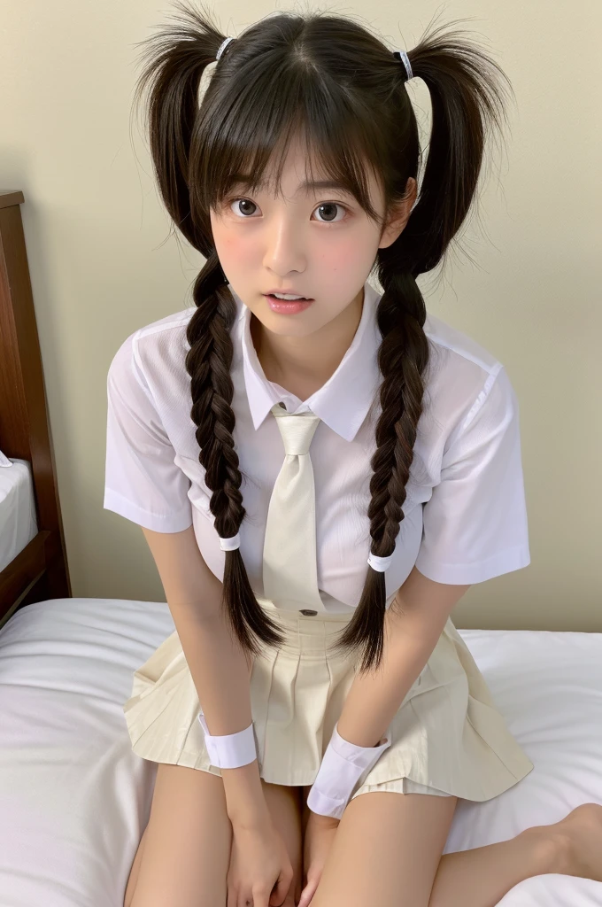 ((highest quality, masterpiece :1.3)), Photorealistic、Ultra-high resolution、Natural skin texture、Hyperrealism、Photograph from the knee up、16 year old Japanese beautiful girl、Twin tail hair、Large breasts、White collared shirt and tie、mini skirt、Frightened expression、Lying in bed