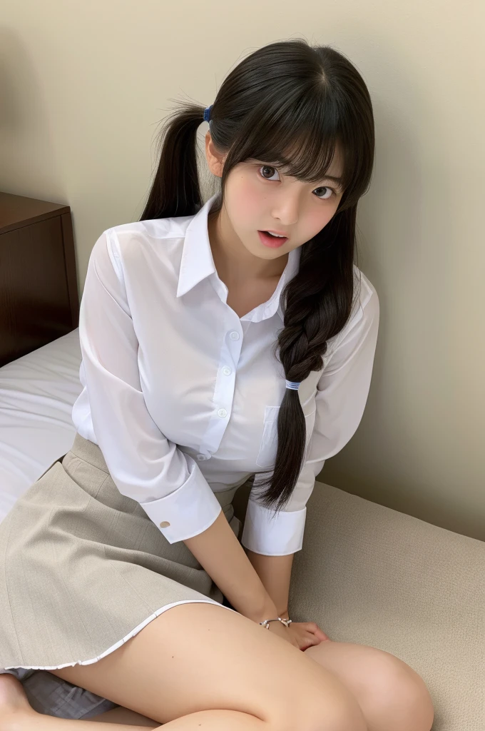  ,Japanese high school girl,japanese uniform,masterpiece,detailed, loose socks, White sheer shirt,wearing a black micro miniskirt, Stand in her room, Luscious face, huge breasts, Small breasts 1:3, sexy pose,plump,thick thighs,brown hair,thick buttocks,