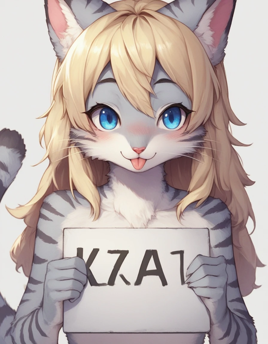 score_9,score_8_up,score_7_up, source_cartoon, source _anime, kemono style, kat, Anthro furry feline, female, tall slender body, blonde, long hair, hair, pink nose, blue eyes, :3, white  whiskers, hourglass figure, silver fur, grey stripes, furry body, naked, upper body shot, blushing, holding a rectangular blank white sign, sign covering her butt, simple white backgrounds, bashful smile, sticking tongue out, front view, cowboy shot, rear