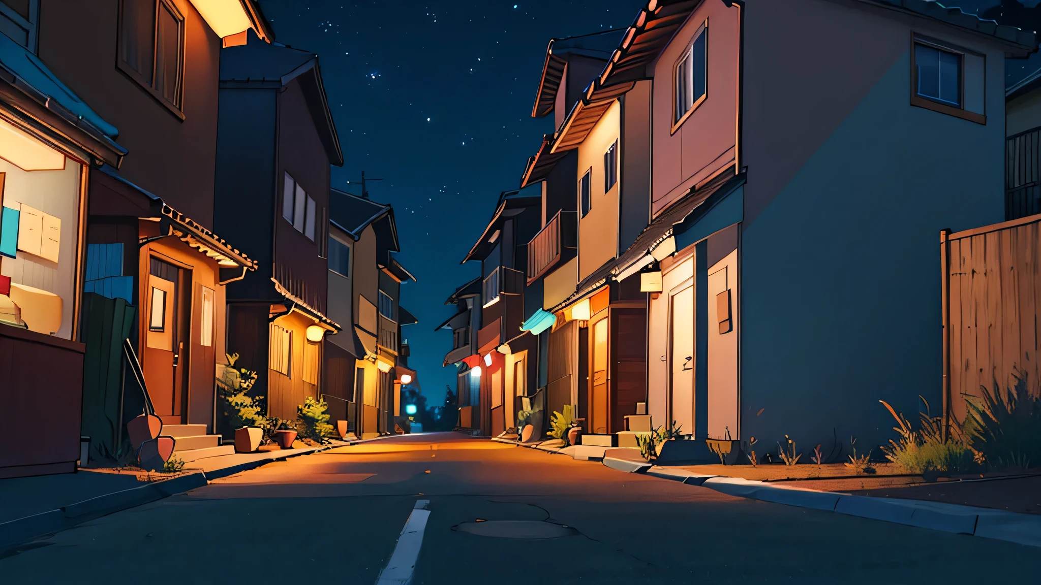 a neighborhood at night, no humans, no persons.