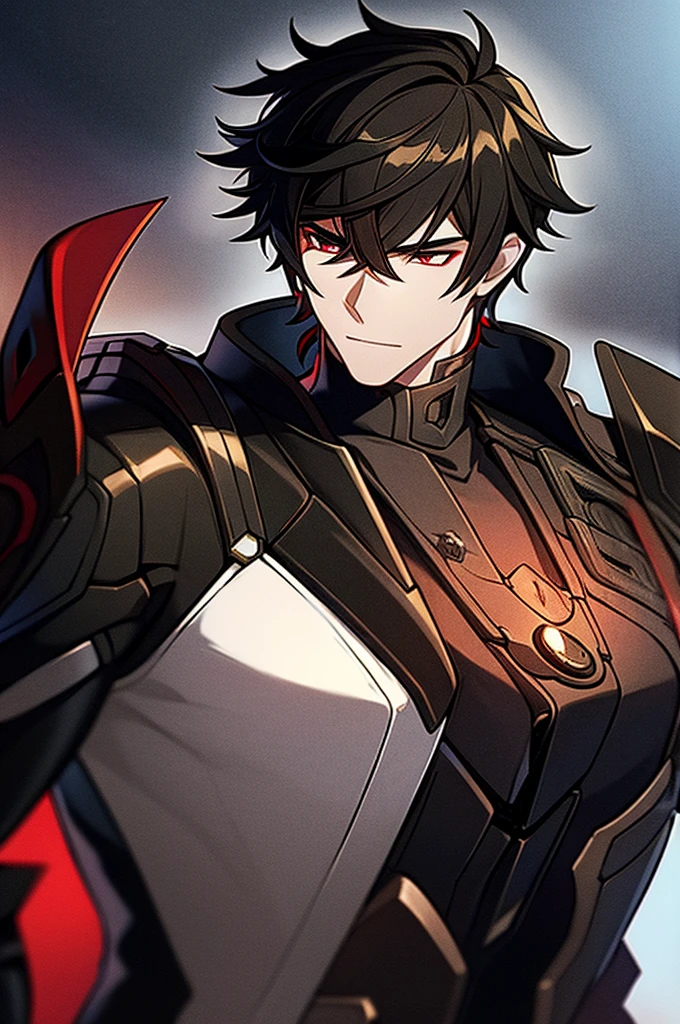 Man with black hair, dark eyes and black armor with red details with a black rose. With the face of a handsome man (detailed in Full HD 4K) 