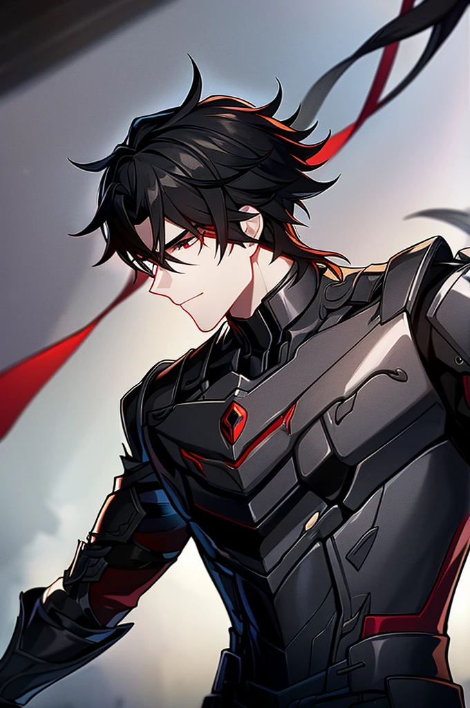 Man with black hair, dark eyes and black armor with red details with a black rose. With the face of a handsome man (detailed in Full HD 4K) 