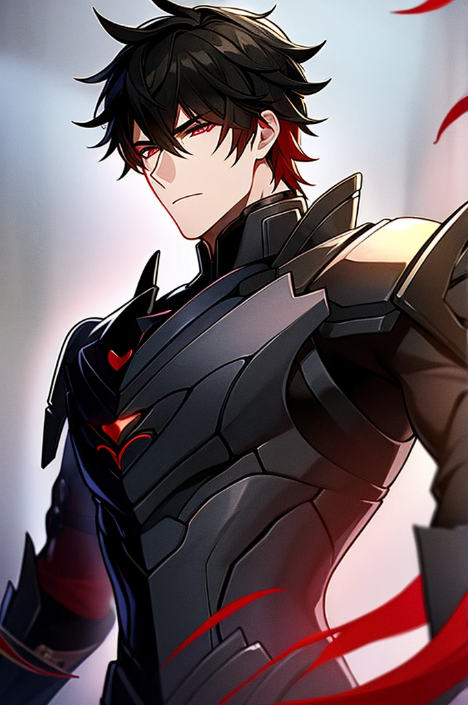 Man with black hair, dark eyes and black armor with red details with a black rose. With the face of a handsome man (detailed in Full HD 4K) 