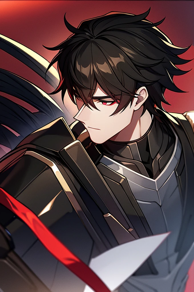 Man with black hair, dark eyes and black armor with red details with a black rose. With the face of a handsome man (detailed in Full HD 4K) 