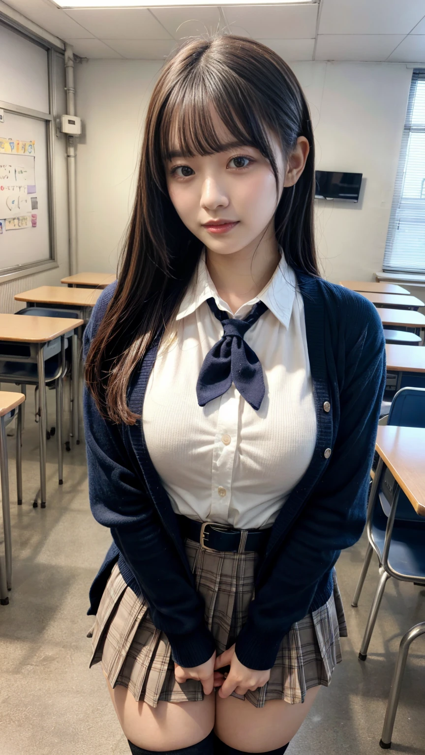 masterpiece, best quality, illustration, Super detailed, fine details, High resolution, 8K,wall paper, perfect dynamic composition,(Details High quality, realistic depiction of eyes:1.3), High School Classroom、High school girl uniform、Cardigan、Super Short Check Uniform Skirt、Navy blue high socks、garterbelts、Colossal tits、Disturbed uniform、low ponytail, black hair color, sexy pose, Big Natural Color Lip, bold sexy pose, (perfect body shape), crying a little、 Harajuku style、20 year old girl、cute type, beautiful legs, hposing Gravure Idol, Voluptuous thighs