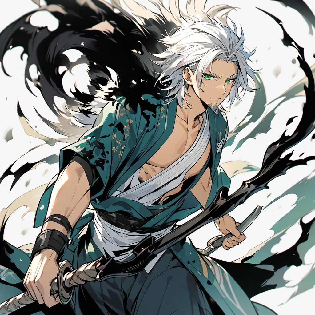 1 young boy, male focus, details Intricate, 1 men, bonitas, White hair, vibrant green eyes, slim muscles, アニメ, 19yearsold, 19 years, a small goatee, kimono de Shinigami, Shinigami, bleach style, bleach, regatta, kimono, bleach, bleach style, sickle ( uma sickle de tamanho mediano poderosa e afiada), sickle (fazendo cortes com a sickle saindo chamas pretas) chamapretass,Black flames, (o personagem esta em pé fazendo ataques com sua sickle mediana, using black fire attacks) essa é a forma for the bank do personagem, bleach for the bank, for the bank .
