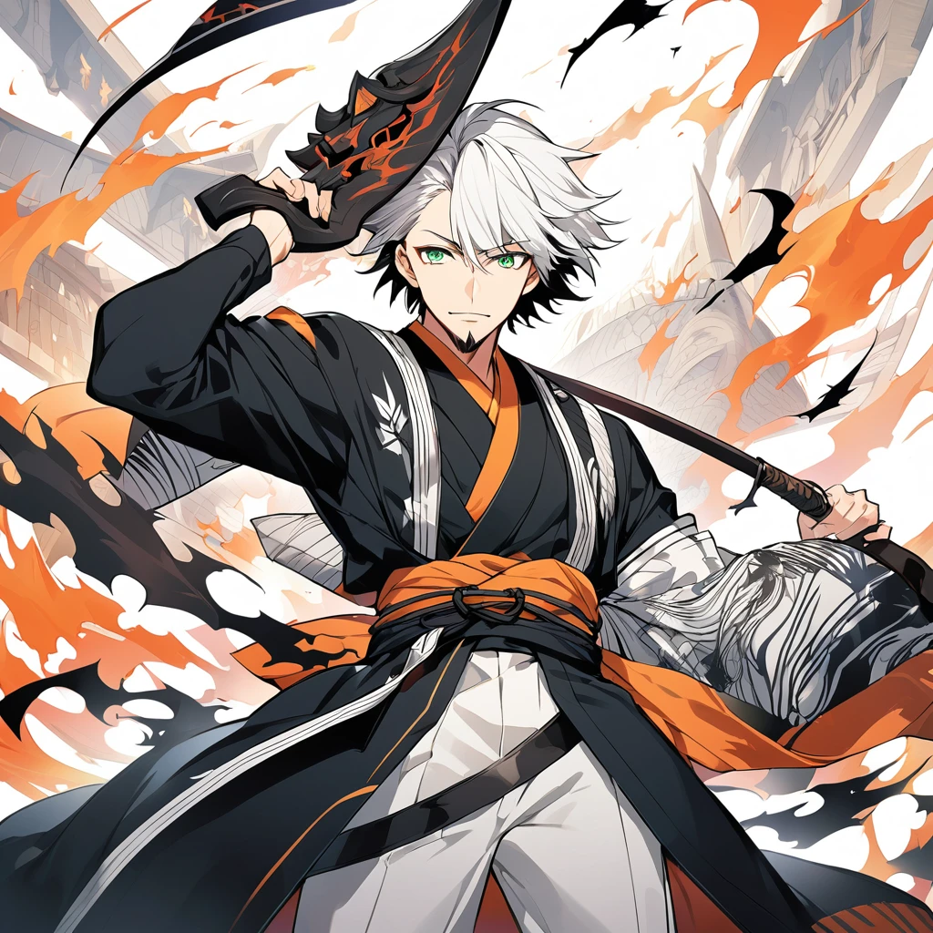 1 young boy, male focus, details Intricate, 1 men, bonitas, White hair, vibrant green eyes, slim muscles, アニメ, 19yearsold, 19 years, a small goatee, kimono de Shinigami, Shinigami, bleach style, bleach, regatta, kimono, bleach, bleach style, sickle ( uma sickle de tamanho mediano poderosa e afiada), sickle (fazendo cortes com a sickle saindo chamas pretas) chamapretass,Black flames, (o personagem esta em pé fazendo ataques com sua sickle mediana, using black fire attacks) essa é a forma for the bank do personagem, bleach for the bank, for the bank .