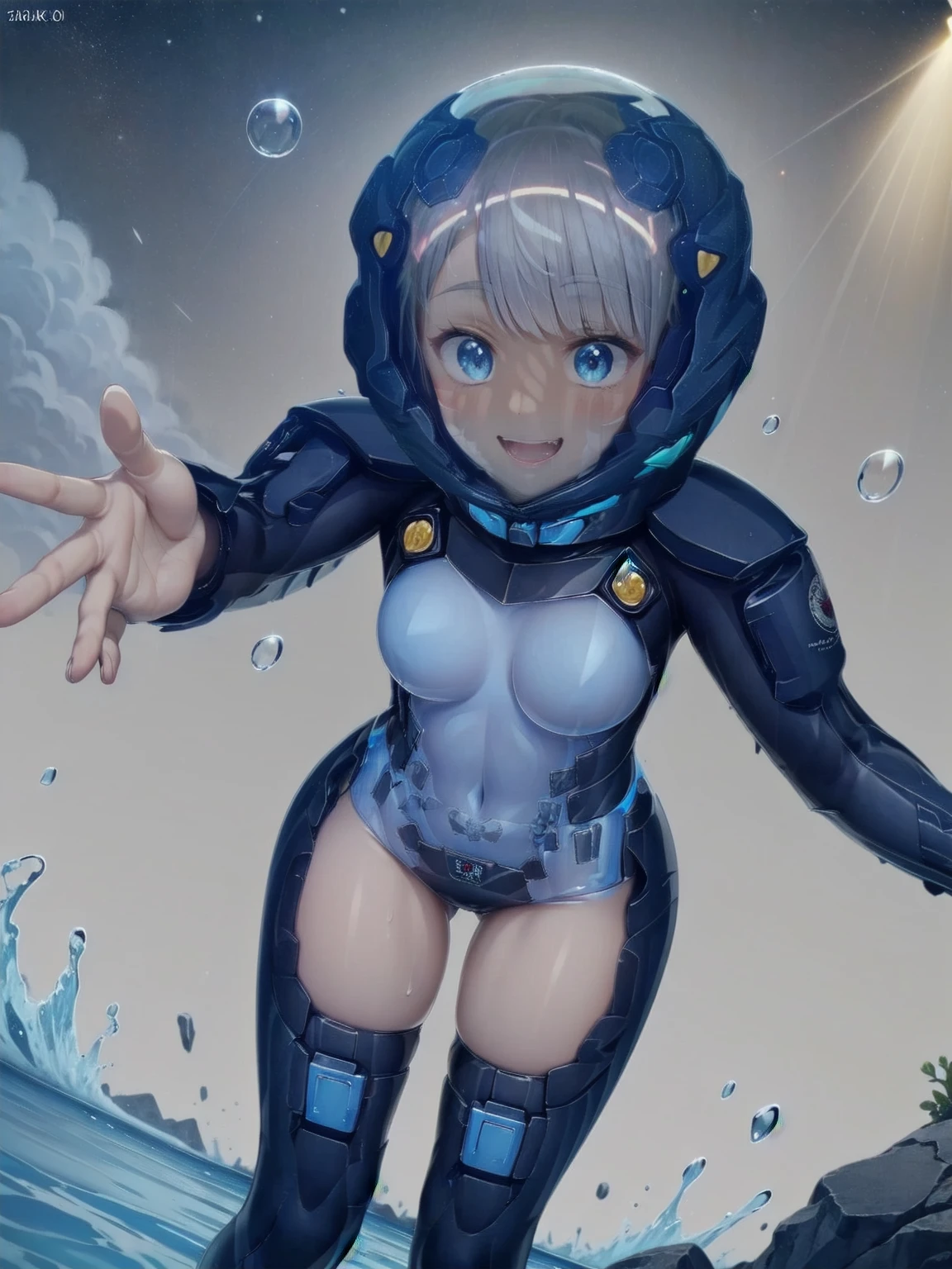 (masterpiece: 1.3), (best quality: 1.3), (high resolution: 1.3), (highly detailed: 1.3), (8k: 1.3), twintails, hair between the eyes, skin_fang, blue eyes, silver hair, , small_tits, (blue bow: 0.8), (leather fangs: 1.2), open mouth, (grinning eyes: 1.1), (bent over :1.1),(outstretched hand:1.3),(partially submerged:1.1 ),(whole body soaked:1.1),(splash:1.1),(sea:1.2),(view:1.2),(from_bottom:1.2), (cinematic_angle:1.2),,astronaut, spacesuit, space helmet, bubble helmet, eva helm,rikka takarada, black hair, blue eyes, short hair, orange scrunchie, scrunchie, wrist scrunchie (thigh thickness:1.3), (muscle:1.2), beautiful, narrow waist, white thigh highs, skin curves, narrow waist, thighs, wide hips, eyeliner, eyelashes, perfect face, detailed eyes, (dark skin: 1.5),,,astronaut, spacesuit, space helmet, bubble helmet, eva helm