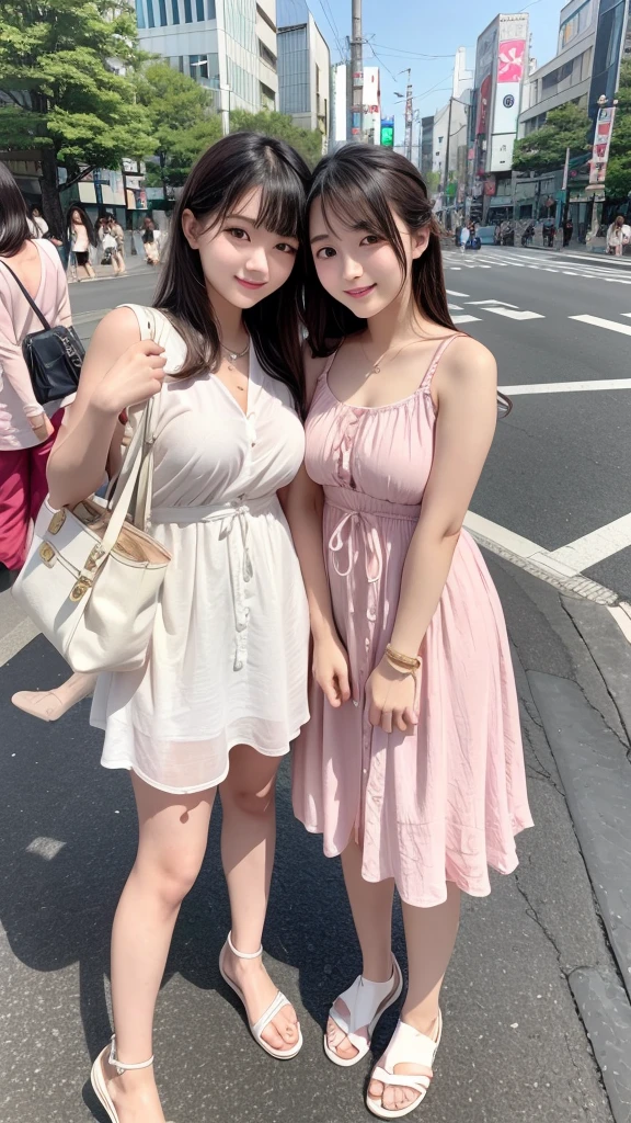 Highest quality、high resolution、(Selfie)、cheek-to-cheek、Two Girls、Japanese、20-year-old、Beauty、Beautiful face、Cute face、Well-formed face、Summer clothes、Tokyo cityscape