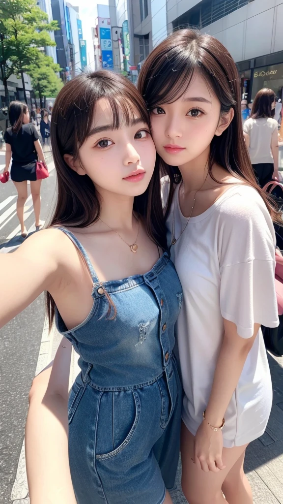 Highest quality、high resolution、(Selfie)、cheek-to-cheek、Two Girls、Japanese、20-year-old、Beauty、Beautiful face、Cute face、Well-formed face、Summer clothes、Tokyo cityscape