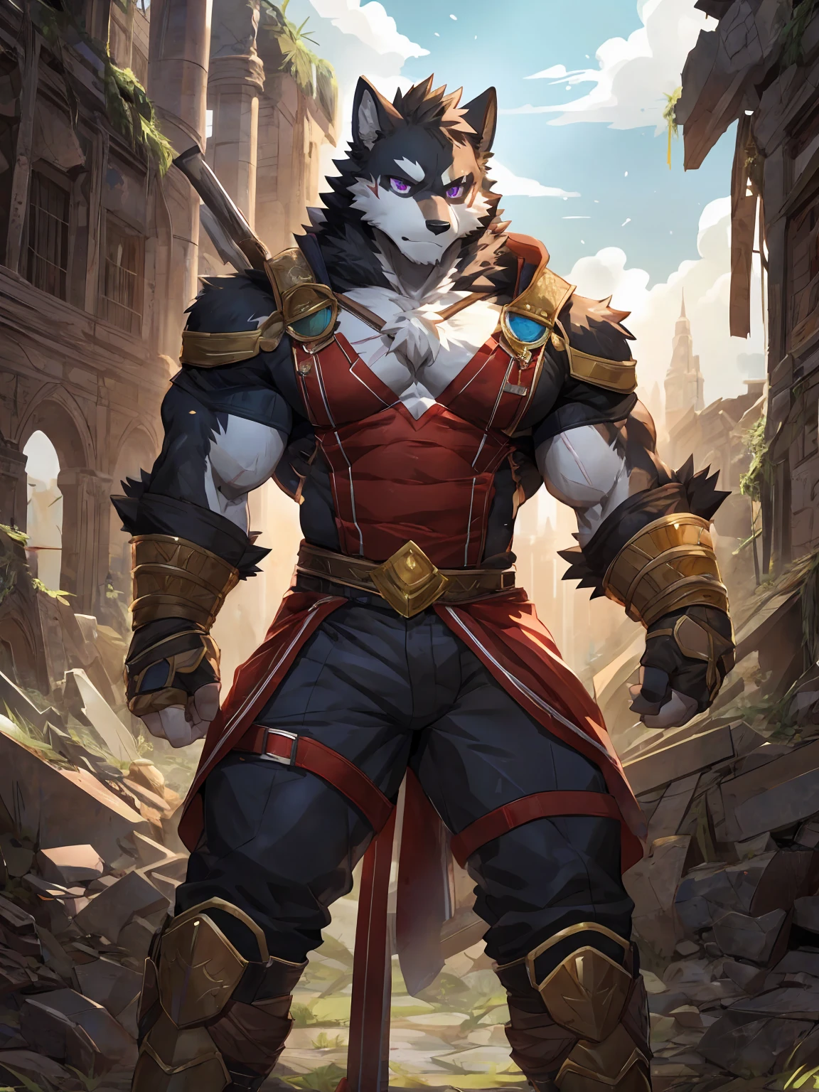 embedding:black wolf, male,purple eyes,Scar on the face, scar on the body,Single person,The end of the world,sit in the ruins,His leg was bandaged,A shabby uniform,A heavy expression,Fleshy thighs,Thigh straps,With an iron bar in his hand,The highest quality of scene detail,adult,Tall and powerful,muscle,Best quality hands, best quality eye,detailed fur,Delicate eyes.Extreme picture quality,by sollyz,by zixiong,by milkytiger1145