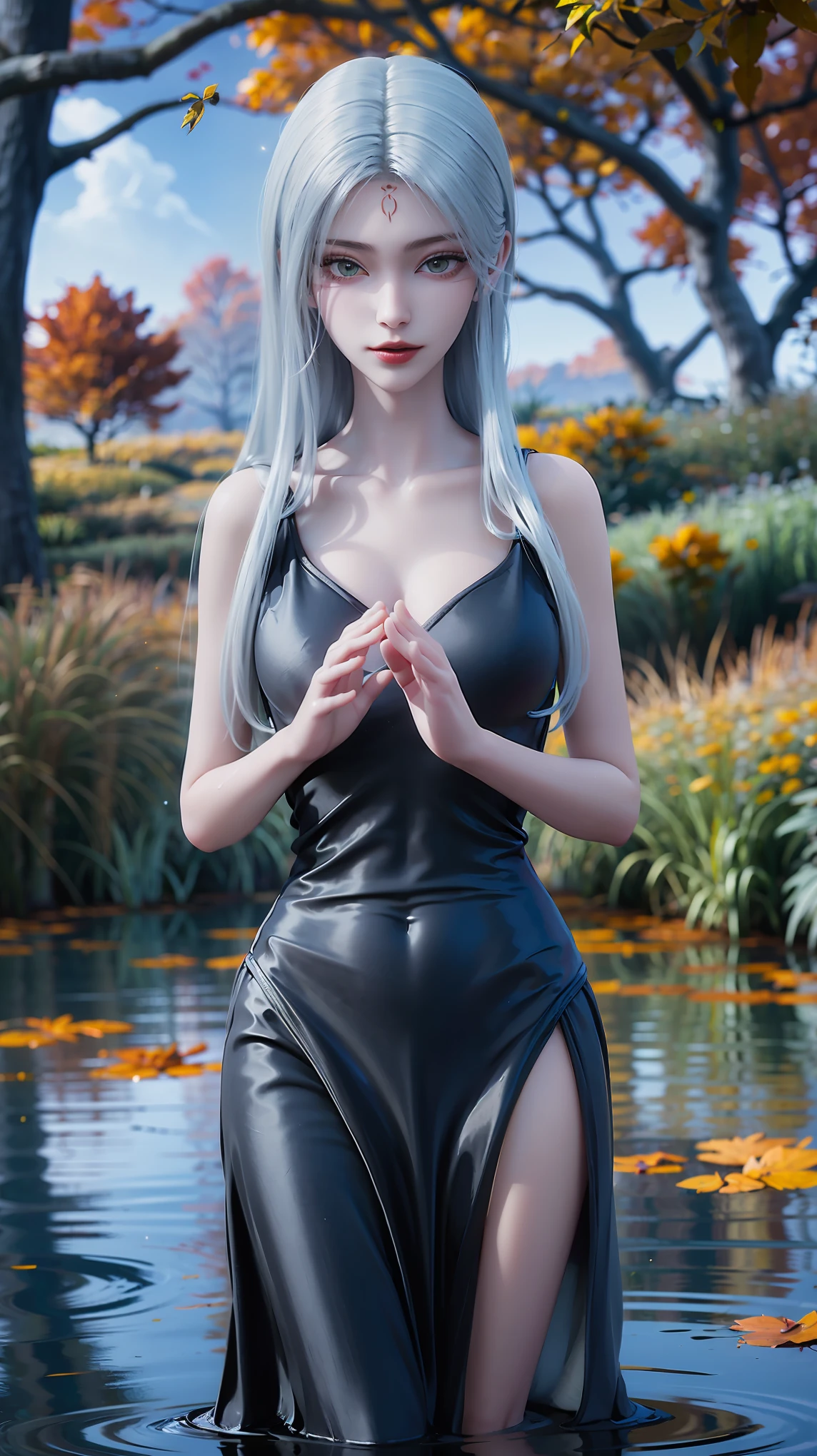 A beautiful young woman bathes in a pond, The water gently lapped her shoulders, Wearing a transparent black silk dress, Cover your chest with your hands, Golden fluorescence floating on the water,Black clothes ,Wearing black suspender chiffon silk pajamas
