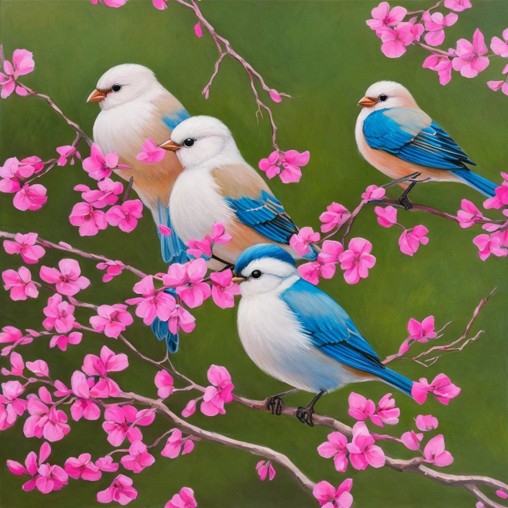 painting of a bird with a pink breast sitting on a branch, by David Park, by Nancy Spero, painted in acrylic, by Lin Liang, by Ma Lin, by Mary Elizabeth Groom, by Mary Byfield, oil painted, by Elizabeth MacNicol, by Chen Lin, by Mary Anne Ansley, by Nancy Stahl, inspired by Paul Bird