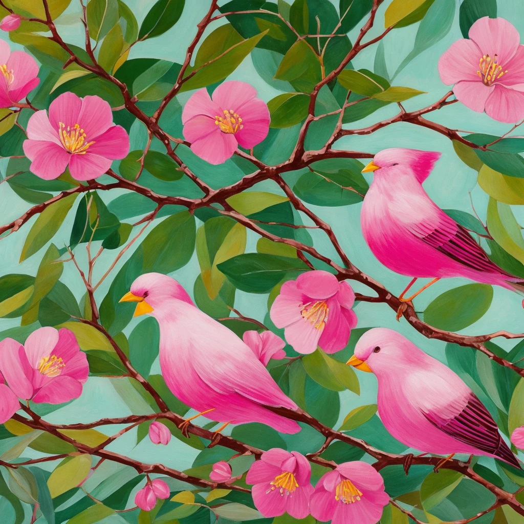 painting of a bird with a pink breast sitting on a branch, by David Park, by Nancy Spero, painted in acrylic, by Lin Liang, by Ma Lin, by Mary Elizabeth Groom, by Mary Byfield, oil painted, by Elizabeth MacNicol, by Chen Lin, by Mary Anne Ansley, by Nancy Stahl, inspired by Paul Bird