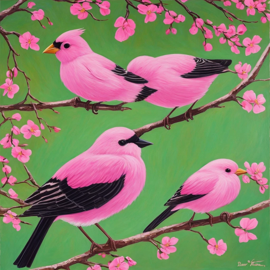 painting of a bird with a pink breast sitting on a branch, by David Park, by Nancy Spero, painted in acrylic, by Lin Liang, by Ma Lin, by Mary Elizabeth Groom, by Mary Byfield, oil painted, by Elizabeth MacNicol, by Chen Lin, by Mary Anne Ansley, by Nancy Stahl, inspired by Paul Bird