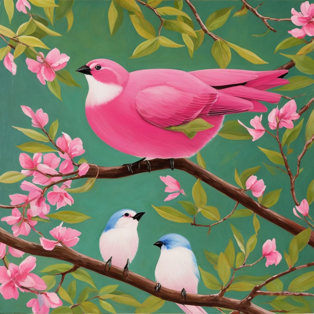 painting of a bird with a pink breast sitting on a branch, by David Park, by Nancy Spero, painted in acrylic, by Lin Liang, by Ma Lin, by Mary Elizabeth Groom, by Mary Byfield, oil painted, by Elizabeth MacNicol, by Chen Lin, by Mary Anne Ansley, by Nancy Stahl, inspired by Paul Bird