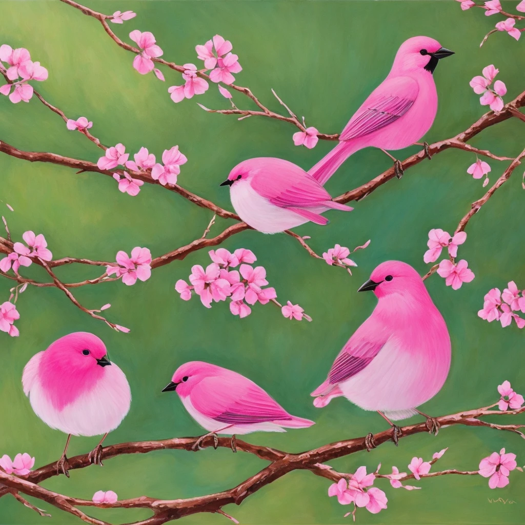 painting of a bird with a pink breast sitting on a branch, a pastel by David Park, Artstation, fine art, painted in acrylic, oil painted, oil painting!!!, acrylic, “ painting, acrylic painting, oil on board, covered in oil painting, beautiful!!!!!!!!!, acrylic and oil painting, very stylized, an oil paiting of a sparrow