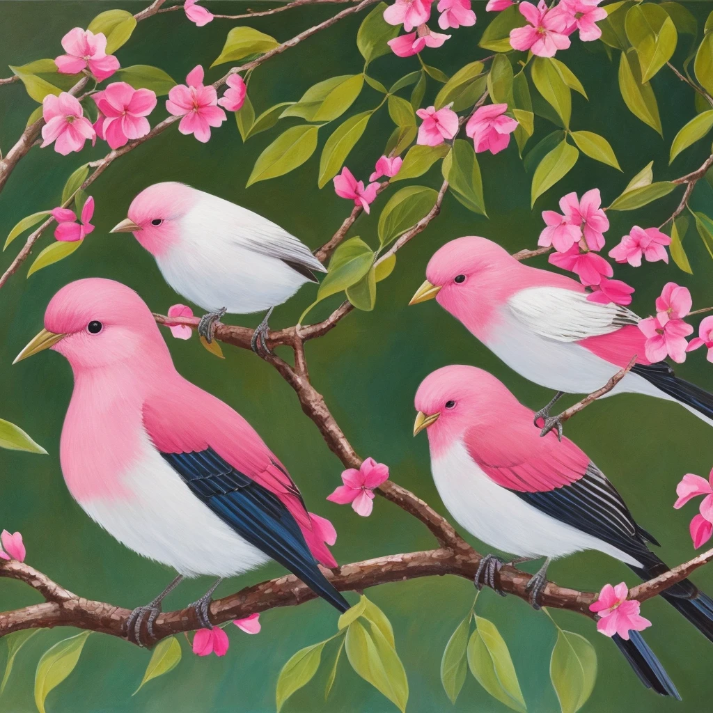 painting of a bird with a pink breast sitting on a branch, by David Park, by Nancy Spero, painted in acrylic, by Lin Liang, by Ma Lin, by Mary Elizabeth Groom, by Mary Byfield, oil painted, by Elizabeth MacNicol, by Chen Lin, by Mary Anne Ansley, by Nancy Stahl, inspired by Paul Bird