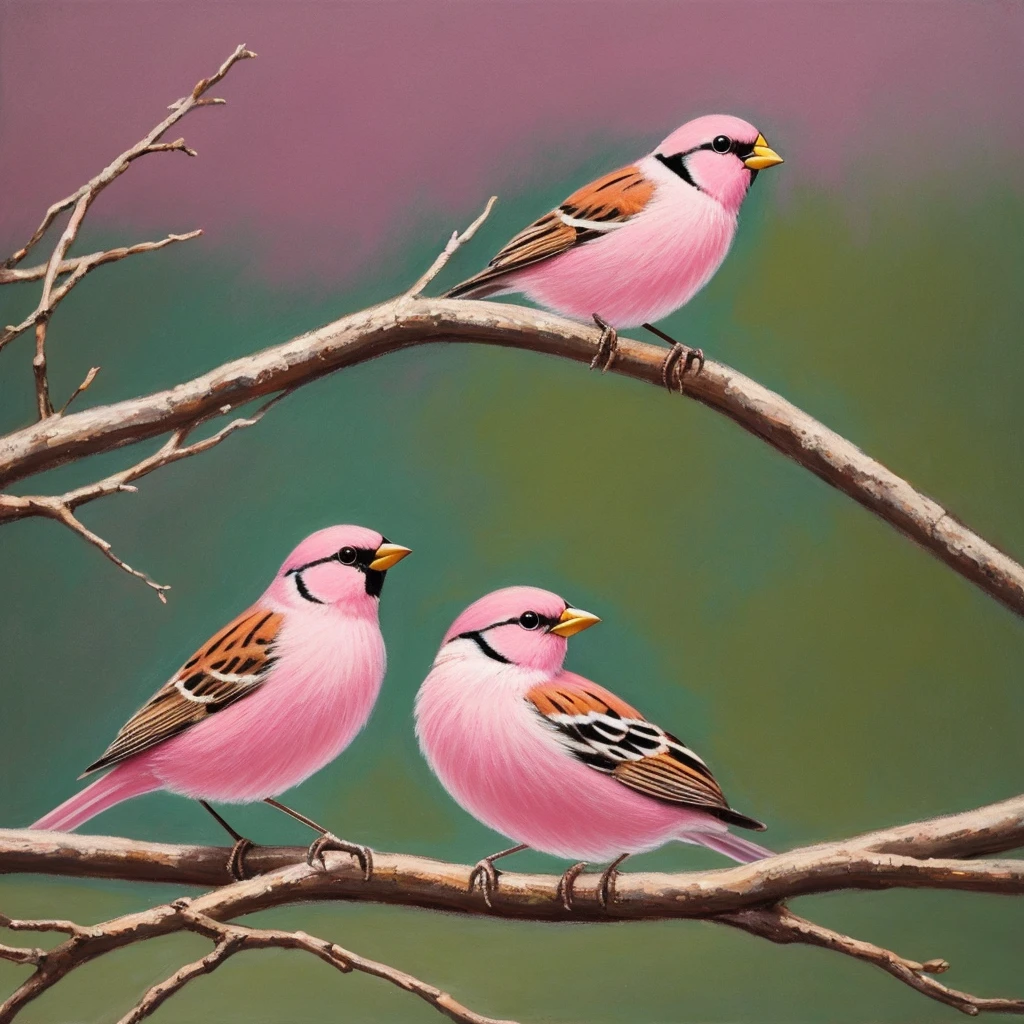 painting of a bird with a pink breast sitting on a branch, a pastel by David Park, Artstation, fine art, painted in acrylic, oil painted, oil painting!!!, acrylic, “ painting, acrylic painting, oil on board, covered in oil painting, beautiful!!!!!!!!!, acrylic and oil painting, very stylized, an oil paiting of a sparrow