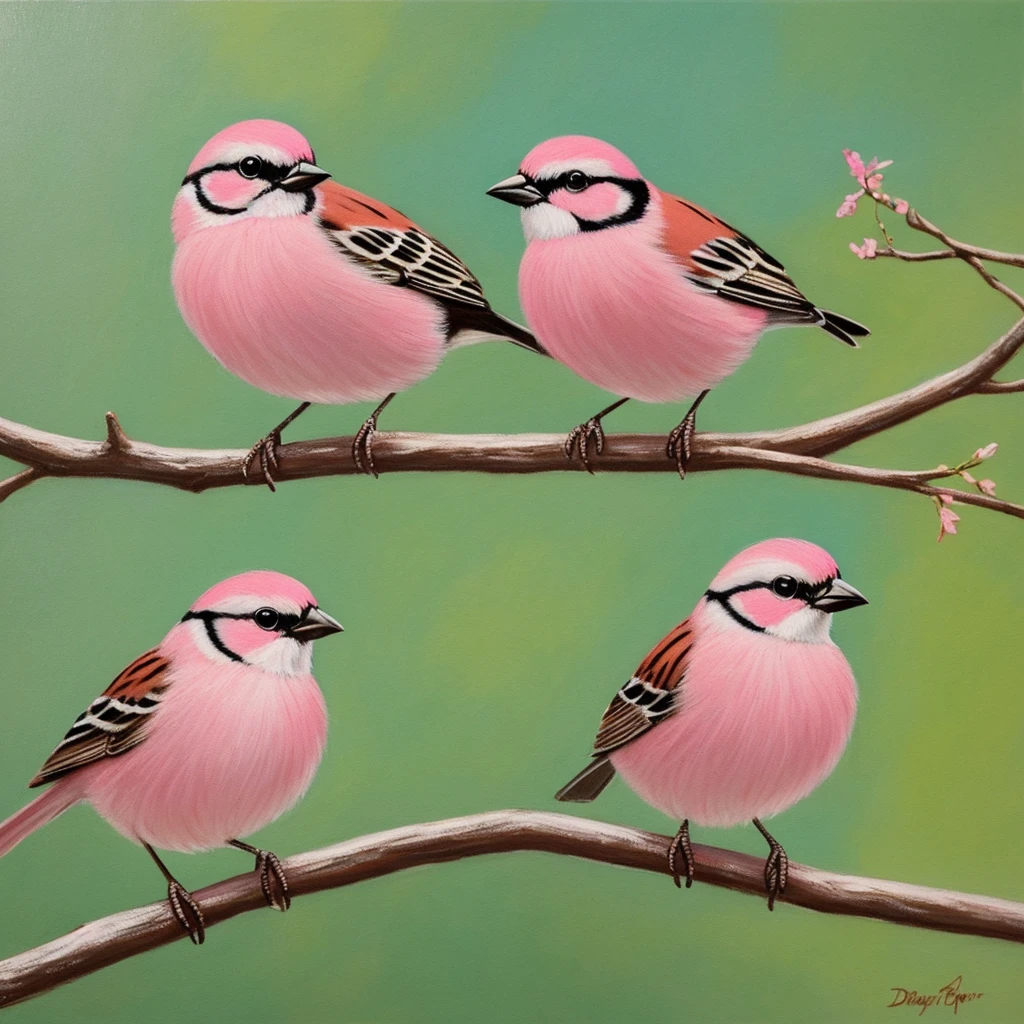 painting of a bird with a pink breast sitting on a branch, a pastel by David Park, Artstation, fine art, painted in acrylic, oil painted, oil painting!!!, acrylic, “ painting, acrylic painting, oil on board, covered in oil painting, beautiful!!!!!!!!!, acrylic and oil painting, very stylized, an oil paiting of a sparrow