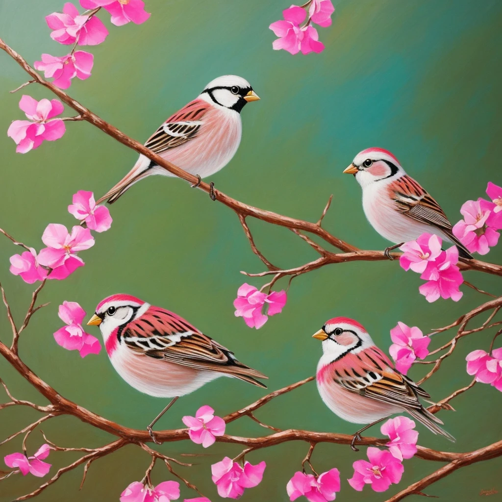 painting of a bird with a pink breast sitting on a branch, a pastel by David Park, Artstation, fine art, painted in acrylic, oil painted, oil painting!!!, acrylic, “ painting, acrylic painting, oil on board, covered in oil painting, beautiful!!!!!!!!!, acrylic and oil painting, very stylized, an oil paiting of a sparrow