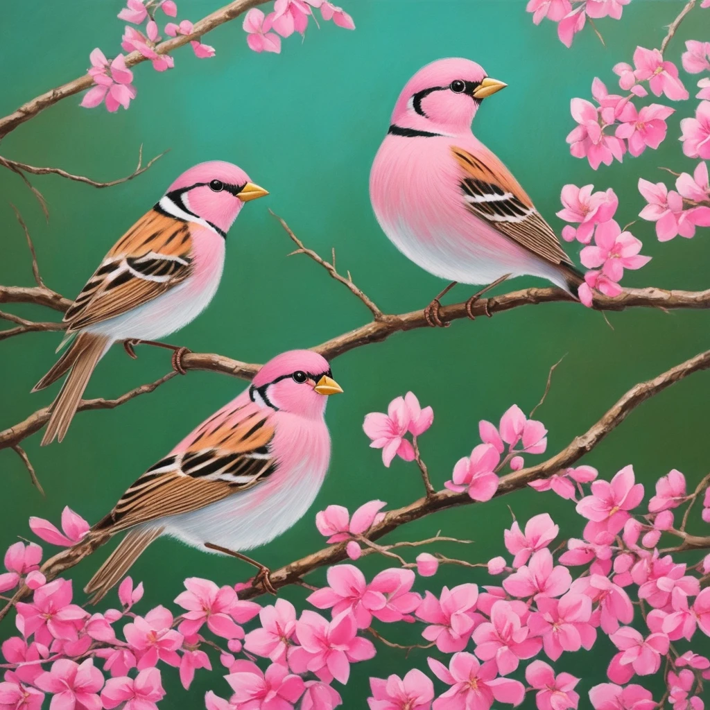 painting of a bird with a pink breast sitting on a branch, a pastel by David Park, Artstation, fine art, painted in acrylic, oil painted, oil painting!!!, acrylic, “ painting, acrylic painting, oil on board, covered in oil painting, beautiful!!!!!!!!!, acrylic and oil painting, very stylized, an oil paiting of a sparrow
