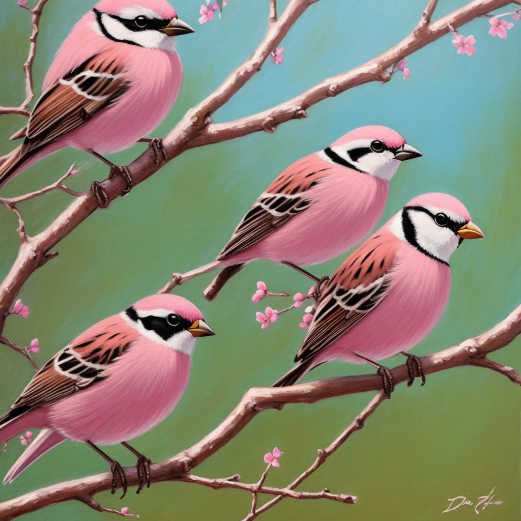 painting of a bird with a pink breast sitting on a branch, a pastel by David Park, Artstation, fine art, painted in acrylic, oil painted, oil painting!!!, acrylic, “ painting, acrylic painting, oil on board, covered in oil painting, beautiful!!!!!!!!!, acrylic and oil painting, very stylized, an oil paiting of a sparrow