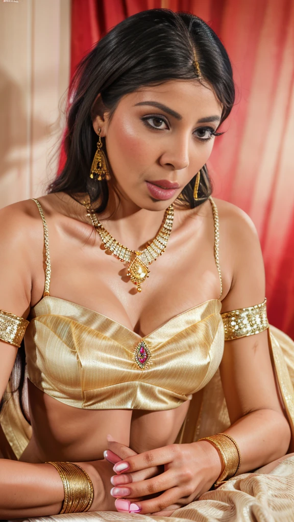 (best quality,4k,highres,masterpiece:1.2), realistic, detailed eyes and face, beautiful detailed lips, long eyelashes, elegant, graceful, confident, soft lighting, vibrant colors, traditional Indian backdrop, intricate embroidery, delicate jewelry, sparkling gems, gold bangles, dangling earrings, soft flowing fabric. Realistic blowjob, sucking huge cock.