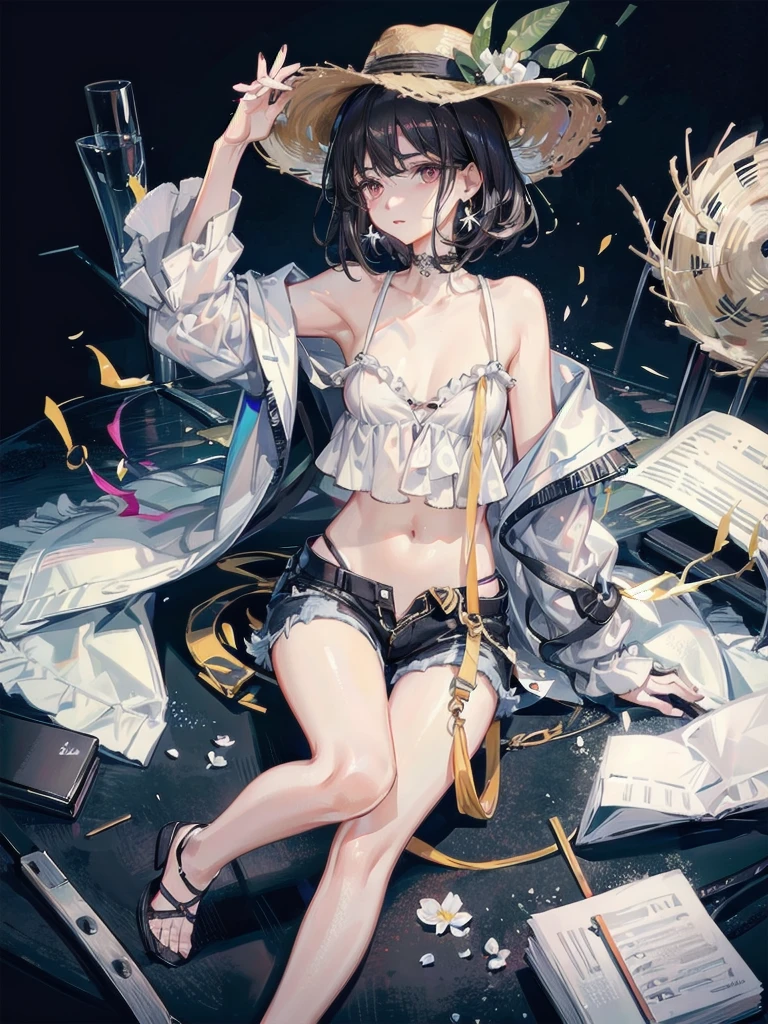 absurdres, RAW photo, extremely delicate and beautiful, masterpiece, Best Quality, ultra high resolution, 32k, hyperrealistic, ultra-detailed, perfect figure, in her 20s, very small head, very small face, delicate facial features, tearful mole, earring, very huge breasts, bare legs, hands, foot, full body shot, medium hair, black hair, colored inner hair, casual, blouse, white shirt, buttoned shirt, bare shoulders, collarbone, midriff, navel, shorts, straw hat,