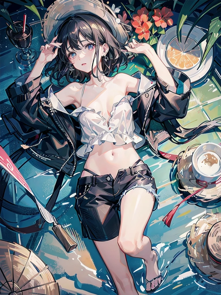 absurdres, RAW photo, extremely delicate and beautiful, masterpiece, Best Quality, ultra high resolution, 32k, hyperrealistic, ultra-detailed, perfect figure, in her 20s, very small head, very small face, delicate facial features, tearful mole, earring, very huge breasts, bare legs, hands, foot, full body shot, medium hair, black hair, colored inner hair, casual, blouse, white shirt, buttoned shirt, bare shoulders, collarbone, midriff, navel, shorts, straw hat,