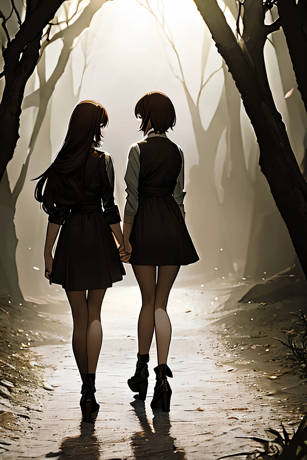 um casal (of two women), walking hand in hand in a dark forest, a strong light illuminates the silhouette of one of them, while the other one is gray.