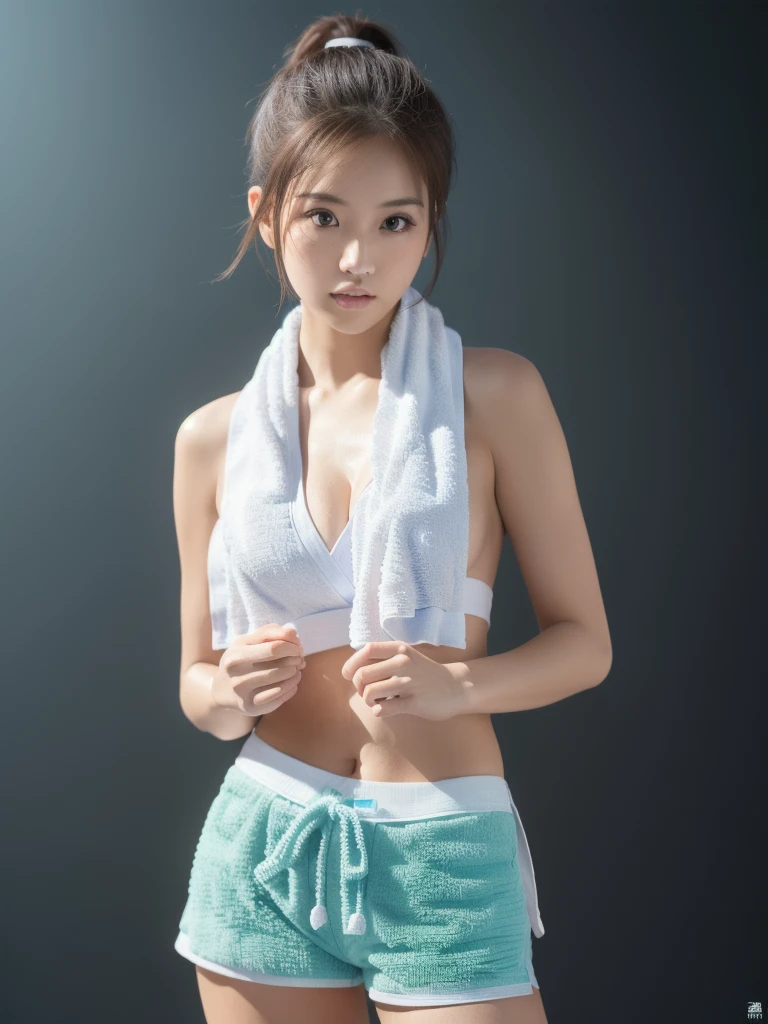 (Tabletop,supreme beauty,masterpiece,Dynamic Angle,Depth of written boundary,135mm,Super detailed,high quality,Awards,最high quality,High resolution,8K,Beauty,Idol,Realistic,Photorealistic,Correct skeleton,Biologically correct),(put a white towel around your neck:1.5), (Shorts:1.3),Cleavage,(Black background),(ponytail)