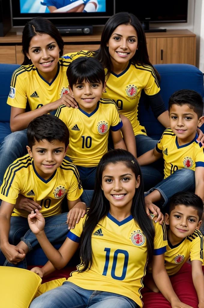 Woman on her back with her children watching big screen TV with the Colombian national team shirts yellow number 10 name of the shirts Lorena Samu and Nico