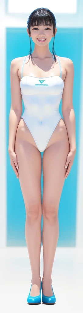 On a white background，A tall and beautiful Chinese girl，with fair skin，Toothy smile，A big smile，When you laugh, Your eyes are crescent-shaped，blunt bangs, long straight hair，Wear a one-piece swimsuit and pumps，Swimsuits are decorated with joyful patterns, Stand up straight，Stand upright，hands on sides，Symmetrical distribution，Ray tracing，All shaded areas，No windows, Soft lighting, Warm light, flood light, n, Studio light, 1.4x Realistic Ultra HD