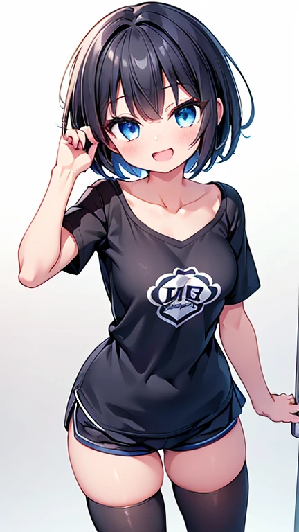 Highest quality,wonderful,finely,Highly detailed CG Unity 8k wallpaper, (1 Girl,Black Hair, blue eyes,short hair, Double Bang), (Small breasts:1.2), (Black T-shirt:1.1), (clavicle:1.1), Shorts、Smiling Kindly、smile、 (Open your mouth:1.2), (zettai ryouiki:1.2),(narrow:1.2), (Are standing:1.2)、(He is speaking with a microphone in his right hand:1.1)、(((Solid white background)))、whole body, From the top of my head、Facing the camera