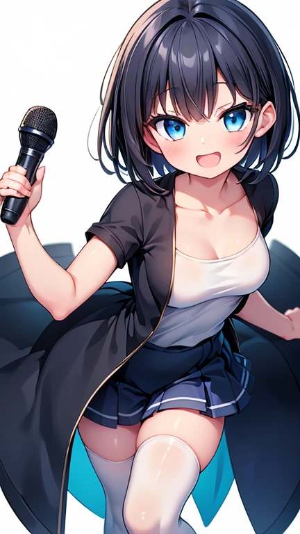 Highest quality,wonderful,finely,Highly detailed CG Unity 8k wallpaper, (1 Girl,Black Hair, blue eyes,short hair, Double Bang), (Small breasts:1.2), (Black T-shirt:1.1), (clavicle:1.1), Shorts、Smiling Kindly、smile、 (Open your mouth:1.2), (zettai ryouiki:1.2),(narrow:1.2), (Are standing:1.2)、(He is speaking with a microphone in his right hand:1.1)、(((Solid white background)))、whole body, From the top of my head、Facing the camera