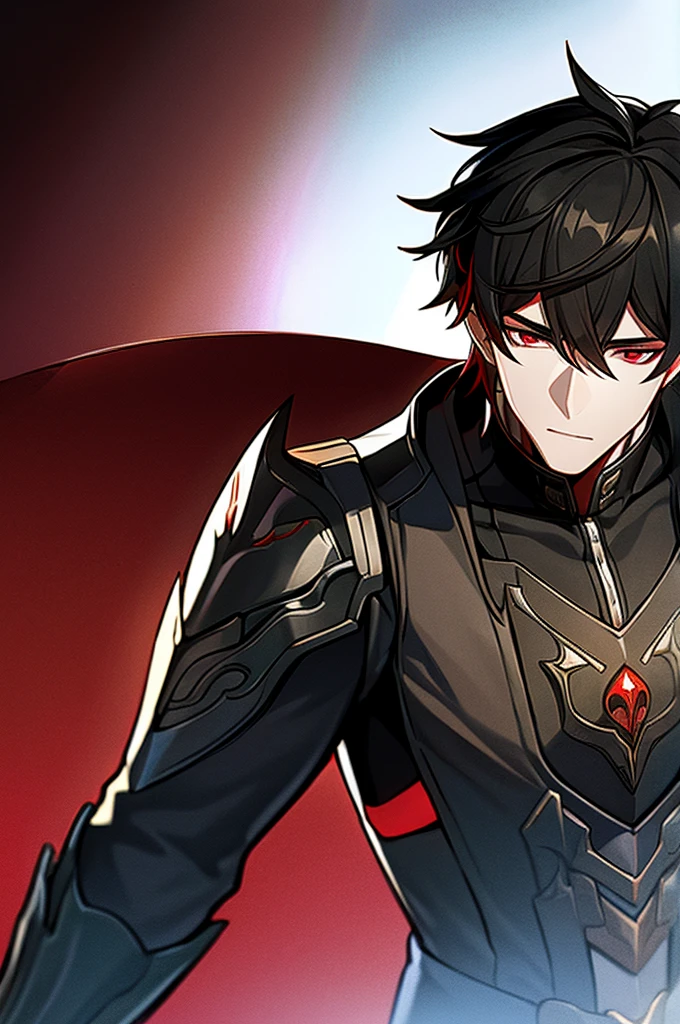 Man with black hair, dark eyes and black armor with red details with a black rose. With the face of a handsome man (detailed in Full HD 4K) 