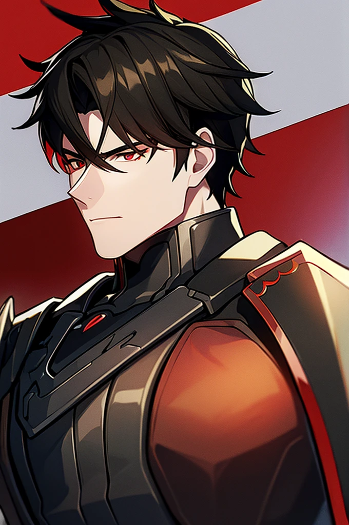 Man with black hair, dark eyes and black armor with red details with a black rose. With the face of a handsome man (detailed in Full HD 4K) 