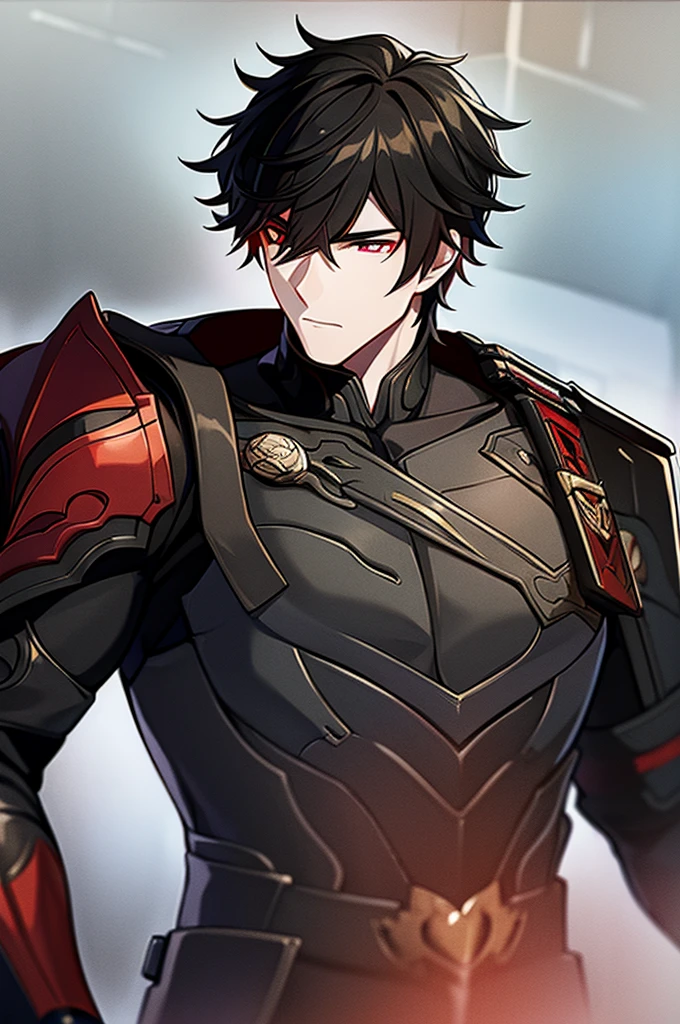 Man with black hair, dark eyes and black armor with red details with a black rose. With the face of a handsome man (detailed in Full HD 4K) 