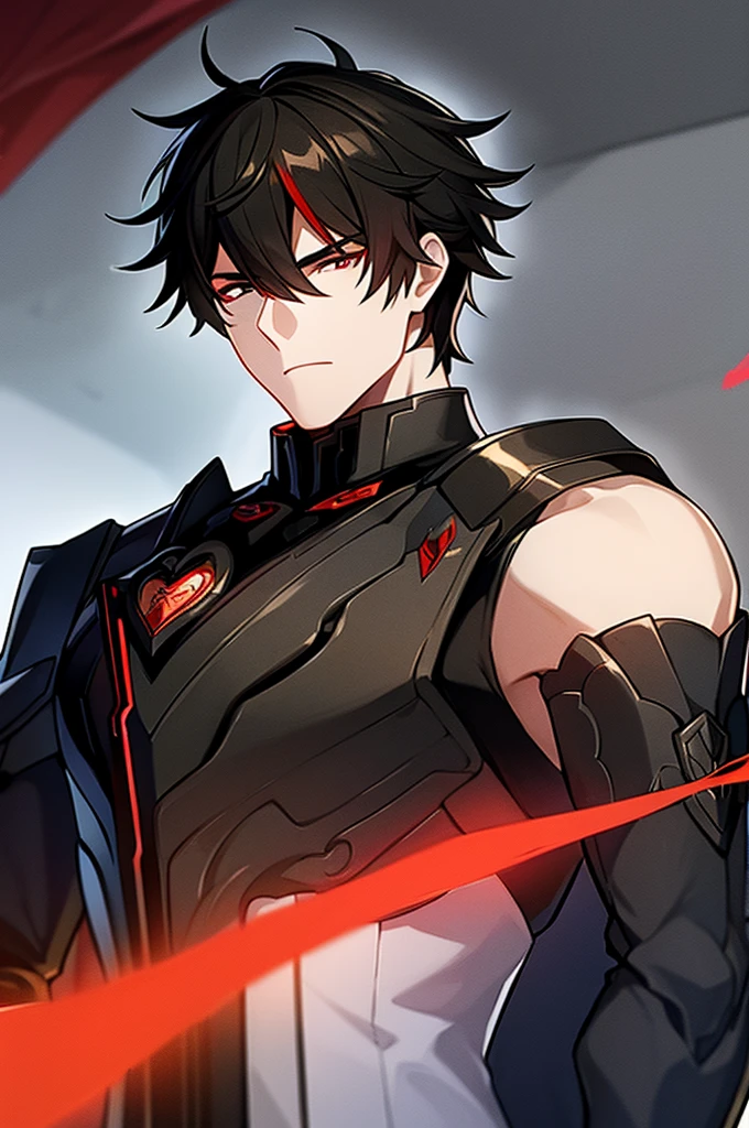 Man with black hair, dark eyes and black armor with red details with a black rose. With the face of a handsome man (detailed in Full HD 4K) 