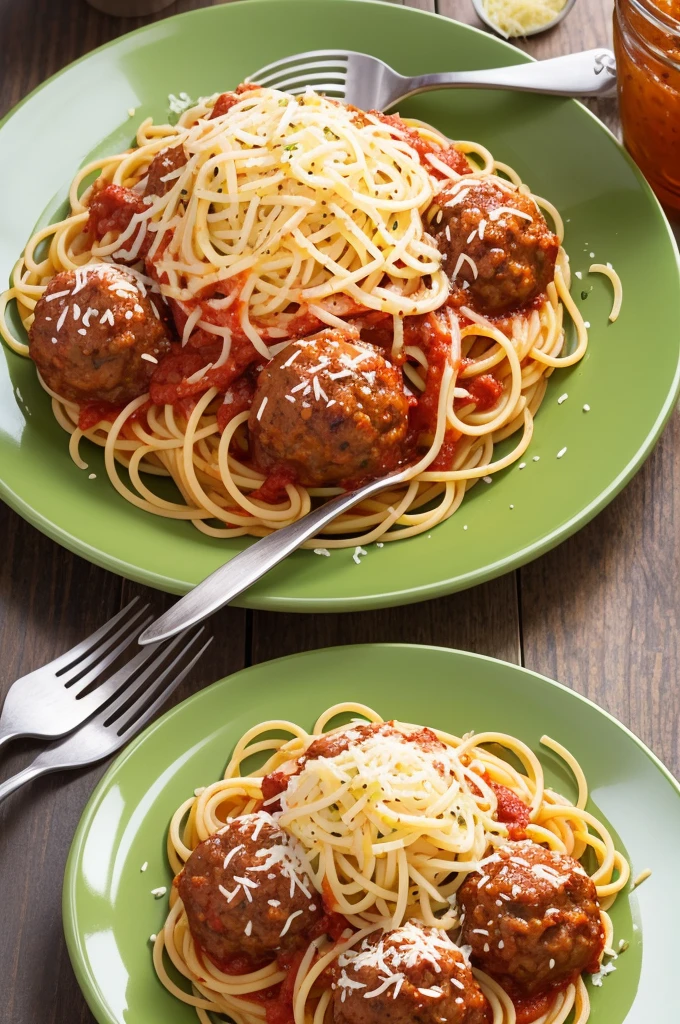 Create a high quality photo, on green plate, with spaghetti with red sauce, with 5 meatballs on top of the spaghetti and with grated cheese.