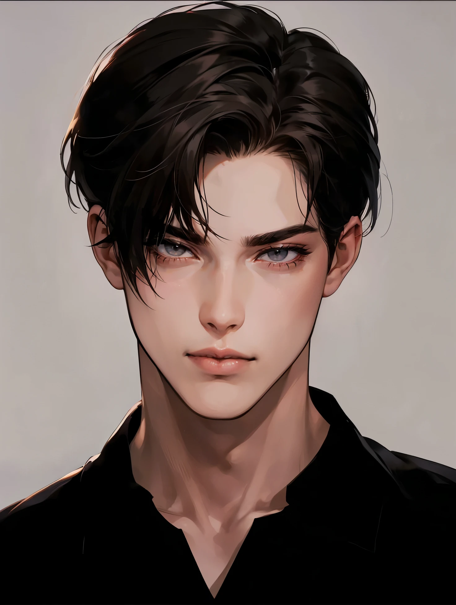 masterpiece, best quality, realistic, 1man, mature male, quiet and charming young man, 25 years old, close his eyes, serious look, extremely detailed face, ((dark grey eyes)), ((short-right-swept dark brown hair)), [thick eyebrows], detective, plain background, ((suit)), cinematic lighting, looking at the audience, posture dynamics
