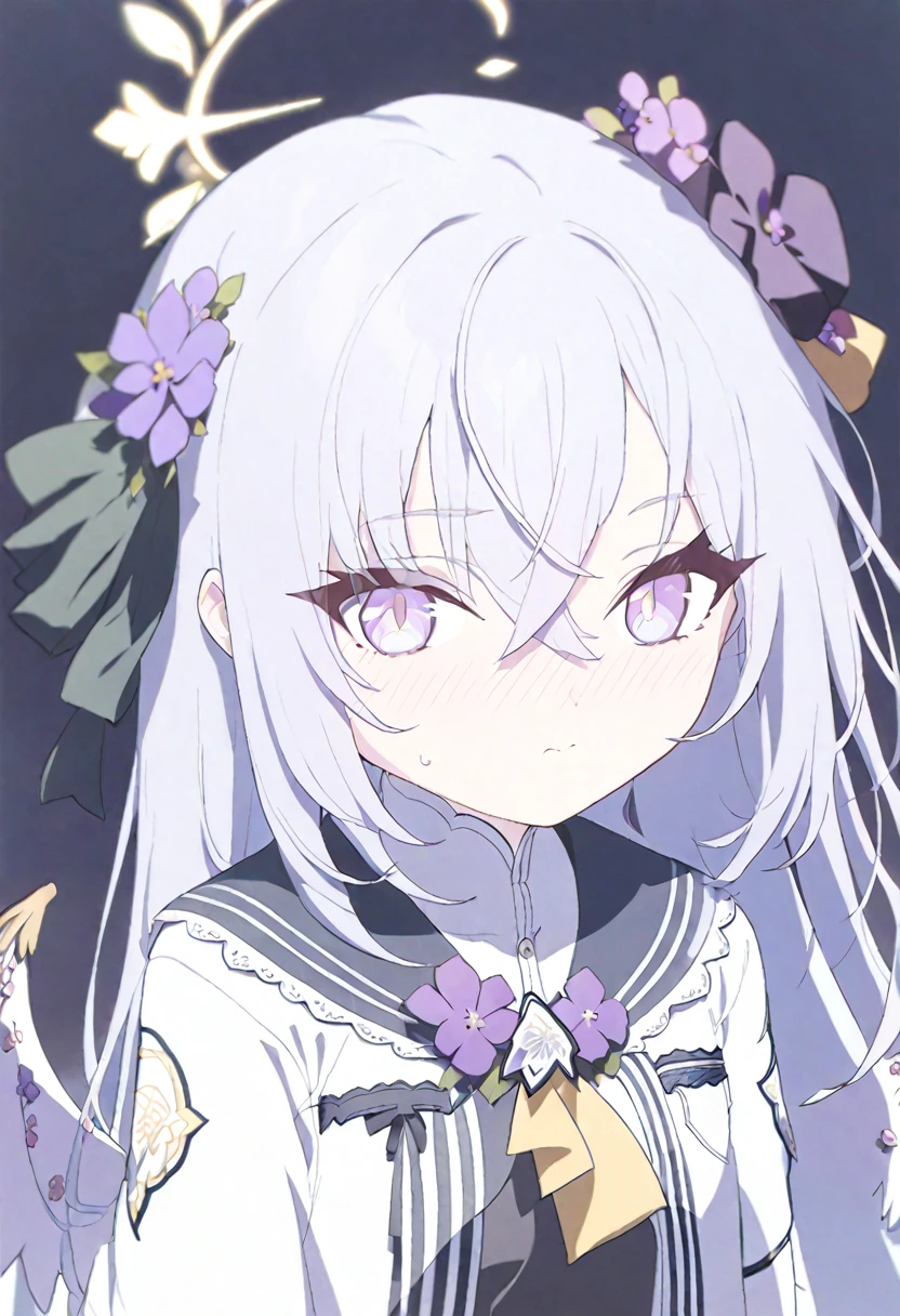 azusa \(blue archive\),AddXL,1girl angel_wings black_dress blush closed_mouth cowboy_shot dress feathered_wings flower grey_hair hair_between_eyes hair_flower hair_ornament halo jacket long_hair long_sleeves open_clothes open_jacket purple_eyes purple_flower simple_background solo white_background white_jacket white_wings wings yellow_halo