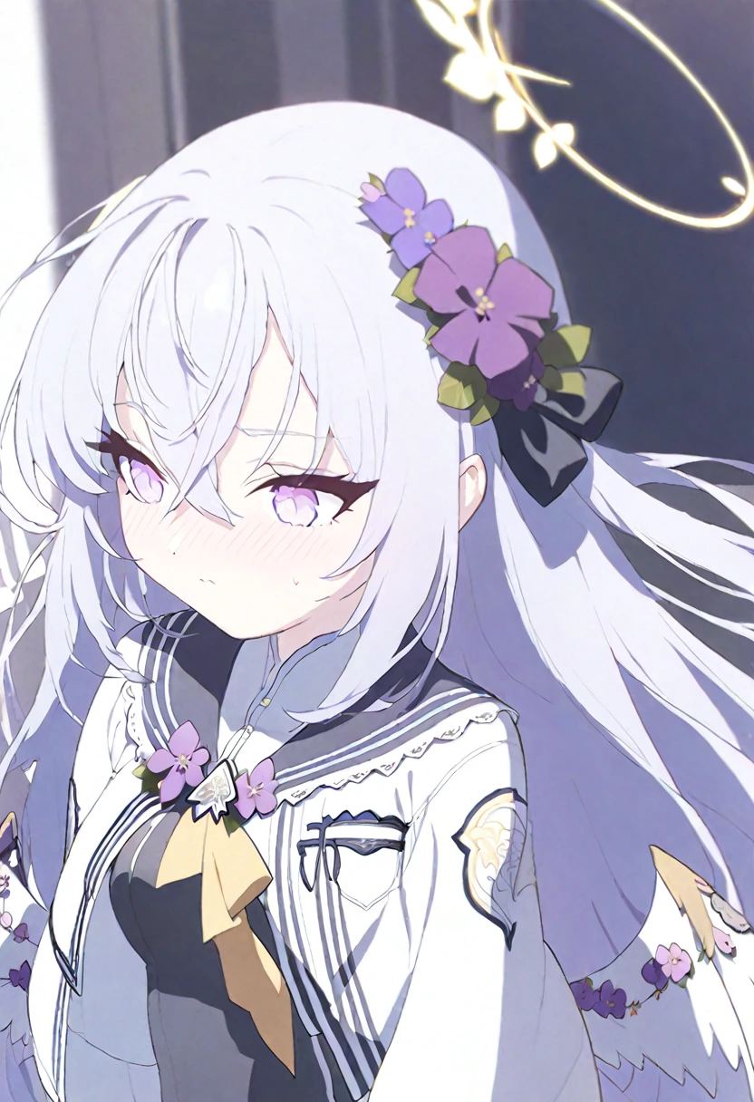 azusa \(blue archive\),AddXL,1girl angel_wings black_dress blush closed_mouth cowboy_shot dress feathered_wings flower grey_hair hair_between_eyes hair_flower hair_ornament halo jacket long_hair long_sleeves open_clothes open_jacket purple_eyes purple_flower simple_background solo white_background white_jacket white_wings wings yellow_halo