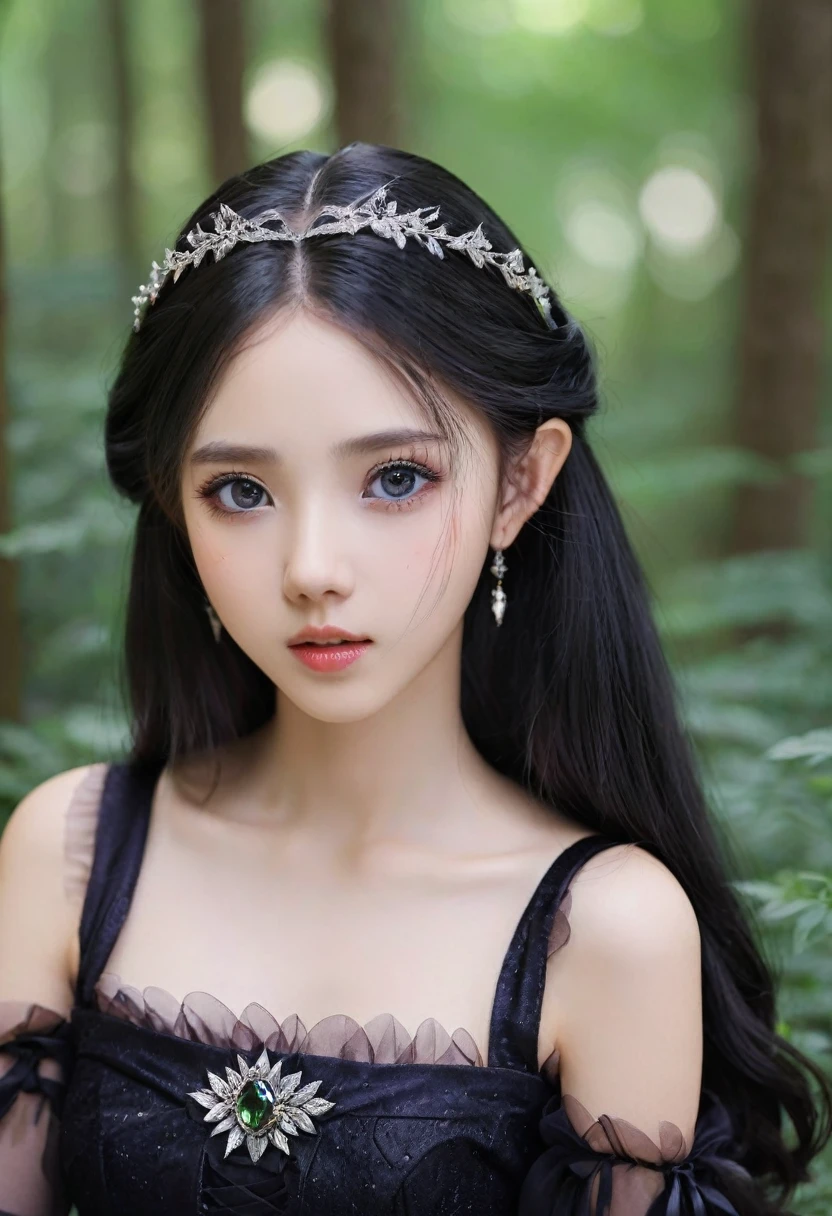 Silver Hair、Big eyes、pupil、A detailed black dress、Genuine、Real、masterpiece、紫のpupil、Elf、beautiful、forest、princess