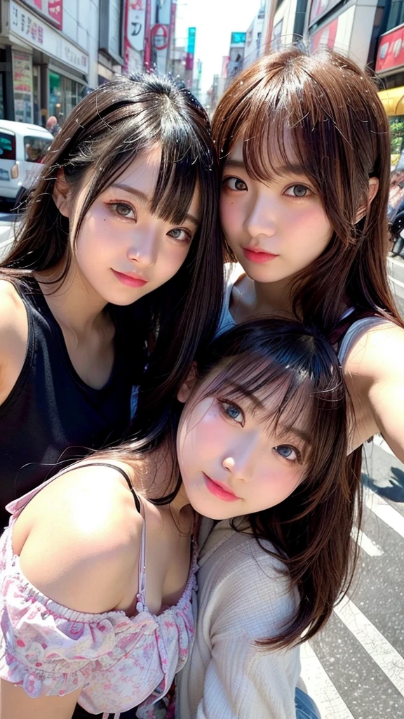 Highest quality、high resolution、(Selfie)、cheek-to-cheek、Two Girls、Japanese、20-year-old、Beauty、Beautiful face、Cute face、Well-formed face、Summer clothes、Tokyo cityscape