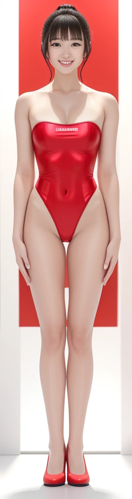 On a white background,A tall and beautiful Chinese girl,with fair skin,Toothy smile,A big smile,When you laugh, Your eyes are crescent-shaped,blunt bangs, long straight hair,Wear a one-piece swimsuit and pumps,Swimsuits are decorated with joyful patterns, Stand up straight,Stand upright,hands on sides,Symmetrical distribution,Ray tracing,All shaded areas,No windows, Soft lighting, Warm light, flood light, n, Studio light, 1.4x Realistic Ultra HD