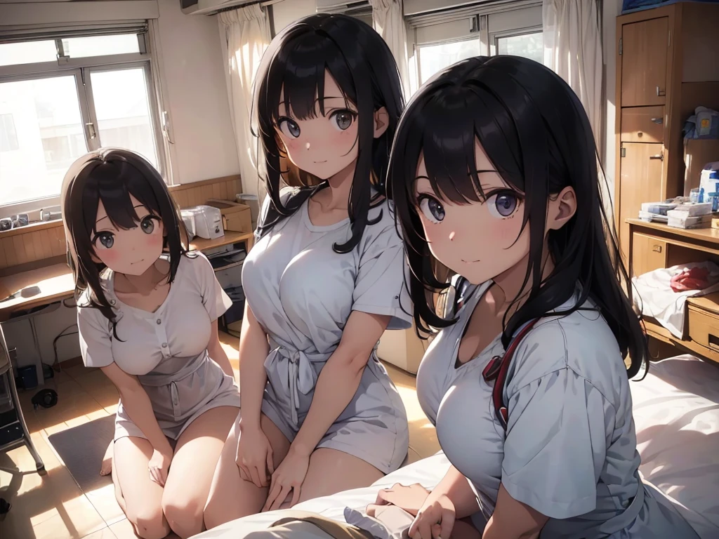 ((Highest quality)), ((masterpiece)), (detailed),Perfect Face,Strong light from the front,With front light,A group of nurses sitting naked on hospital beds,